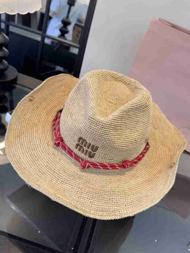 Miu Miu Wide Brim Western Sun Hat Woven Raffia Red Knot Band Resort Hat